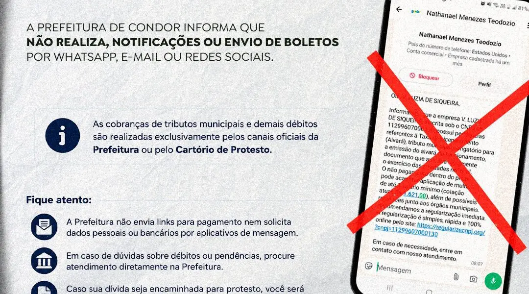 Prefeitura de Condor alerta a população para tentativa de golpe